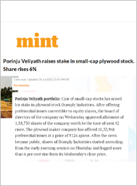 Porinju Veliyath raises stake in small-cap plywood stock. Share rises 6%